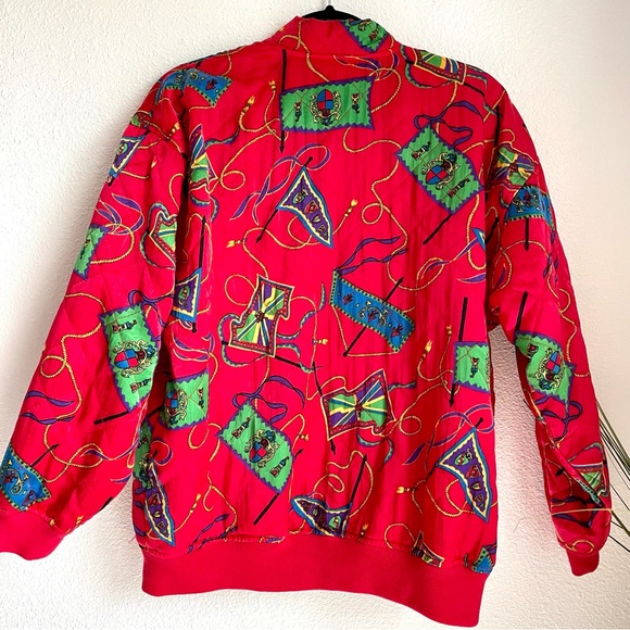 Vintage 90s Red Abstract Print Bomber Jacket Y2K Funky Eclectic Clowncore Size S - Picture 3 of 7
